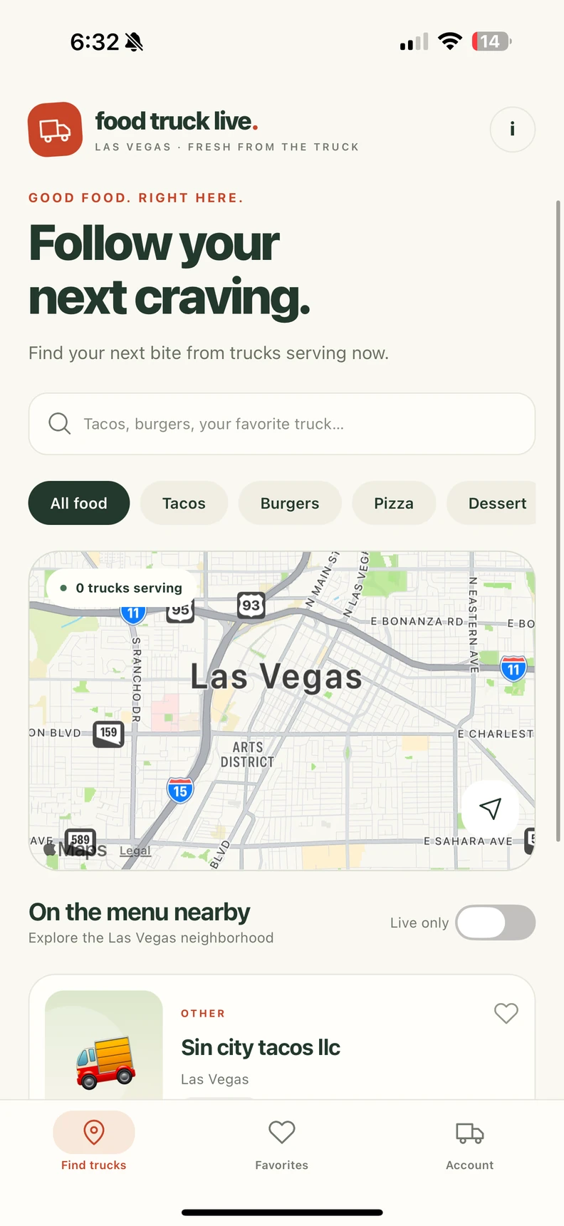 Food Truck Live discovery screen with a Las Vegas map and cuisine filters