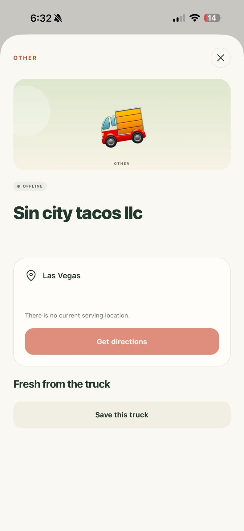 Food Truck Live truck details and save-to-favorites screen